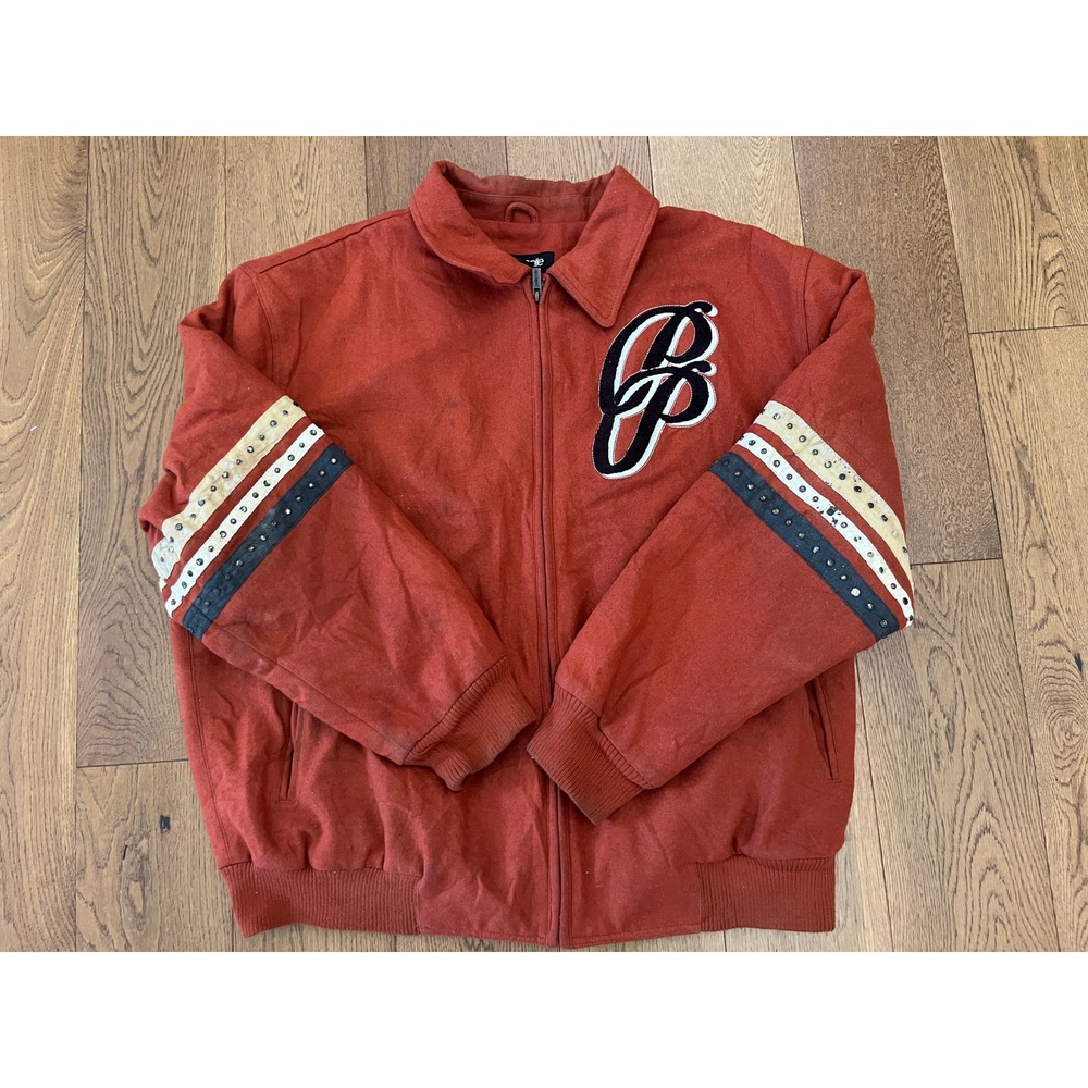 Vintage 90s Pelle Pelle Marc Buchanan Soda Club Studded Wool Jacket Red 4XL